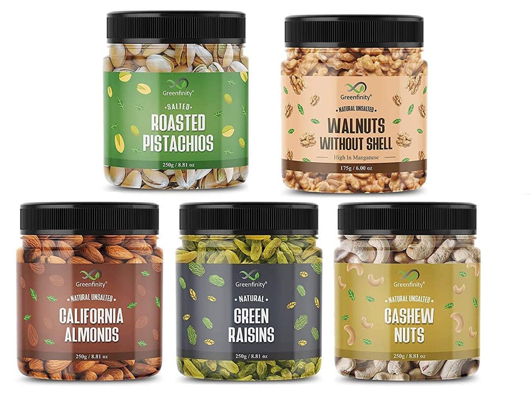 Greenfinity Dry Fruit Combo (Almonds, Cashews, Roasted Pistachios, Green Raisins - 250g, Walnuts Without Shells - 175g) Set of 1.175KG (B08X6K464N) Amazon Price History, Amazon Price Tracker