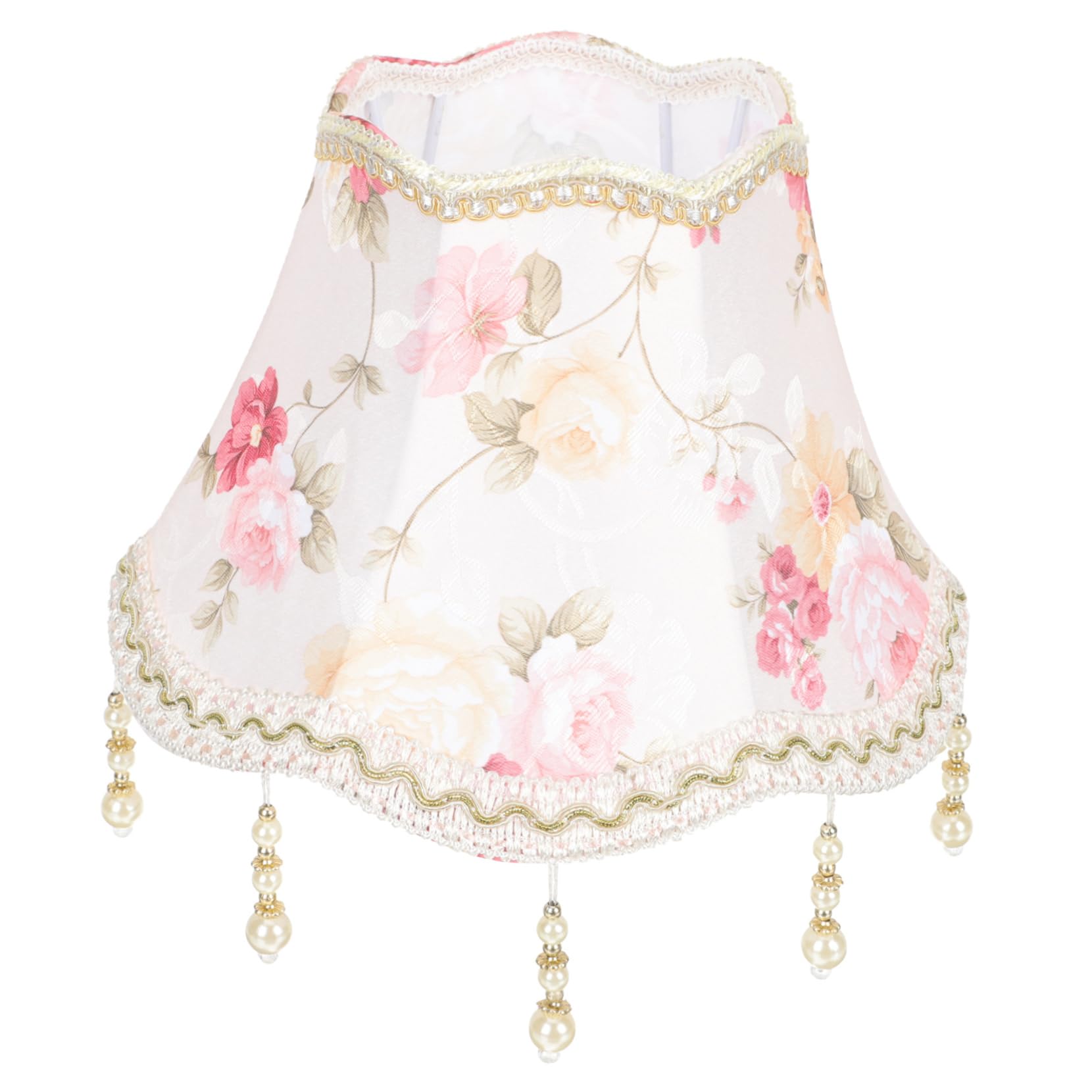 MOLUCKFU Vintage European Pendant Light Cover Medium Fabric Lampshade with Tassel Beads Pink Peony Design for Bedroom and Living Room Lamp Accessories