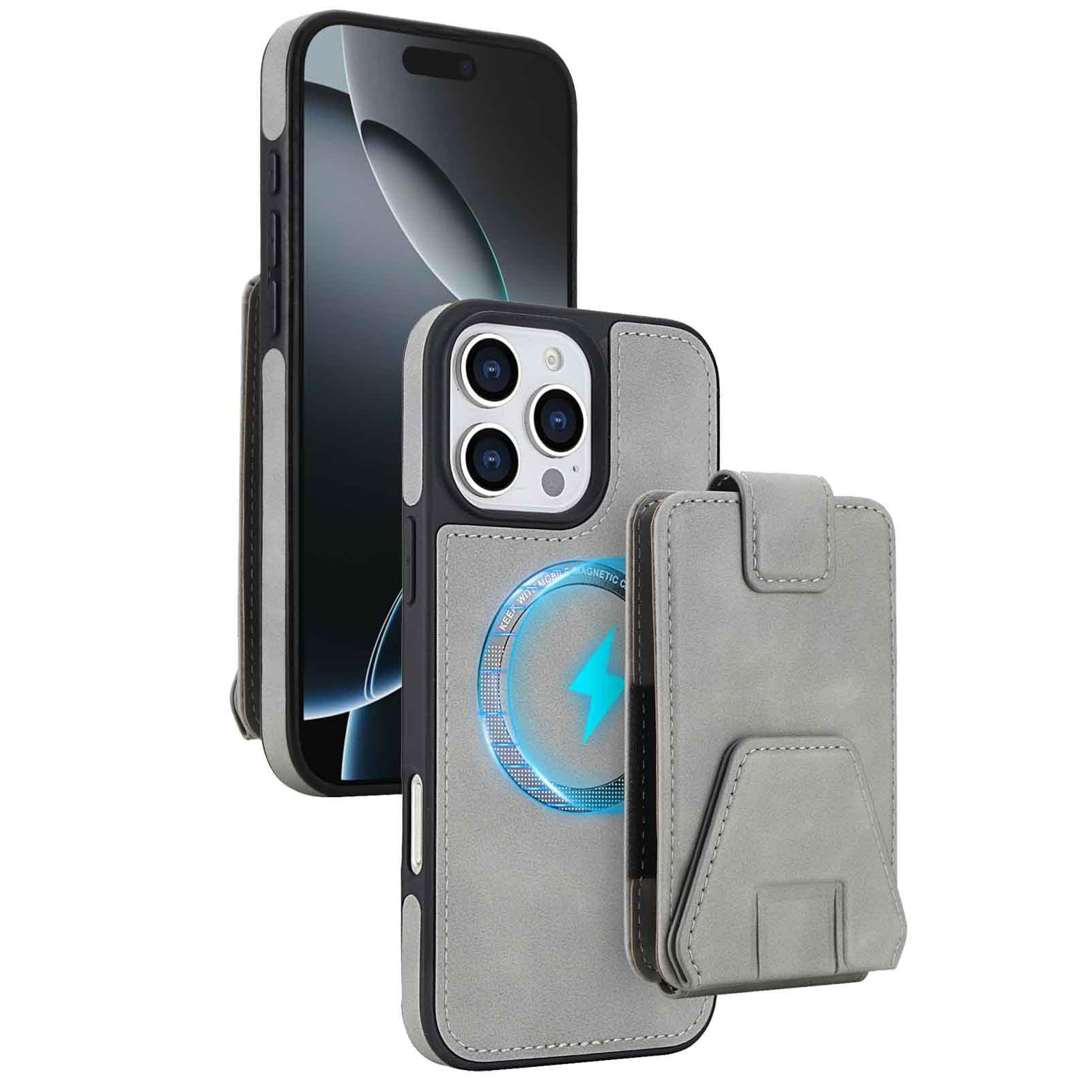Funda para iPhone 17 Pro Max de cuero gris magnética con tarjetero anticaída