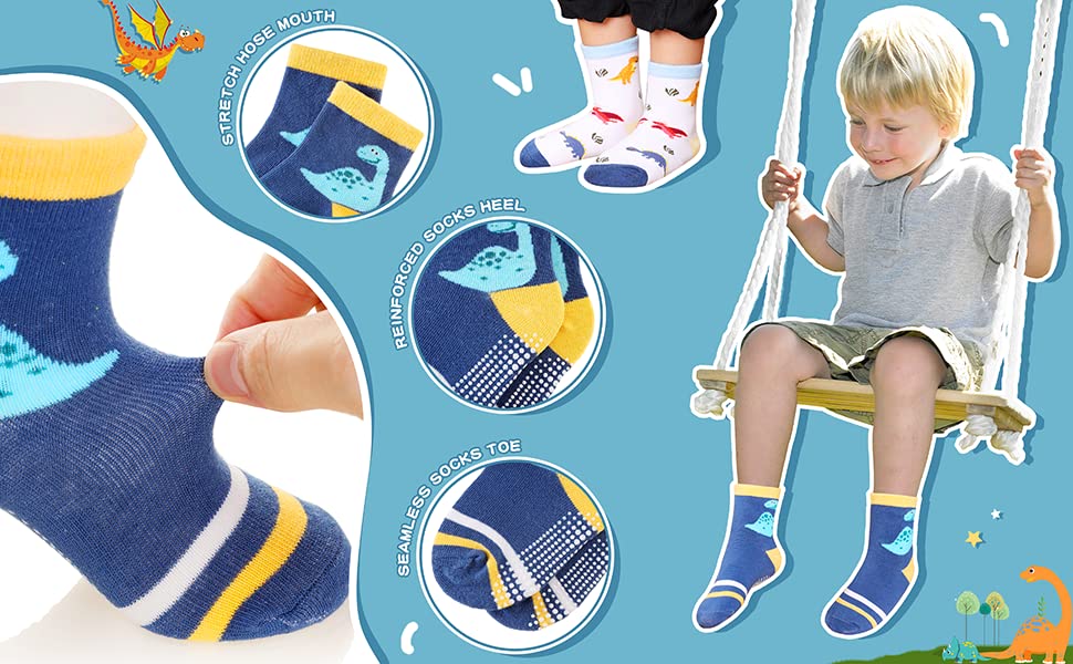 Image of Non Slip Kids Toddler Socks with Grip, Anti Skid Boys Girls Socks for Children Baby Crew Socks for 0-2 | Non Slip Anti Skid Crawling Toddler Socks with Grippers (12-24 Months, 12)