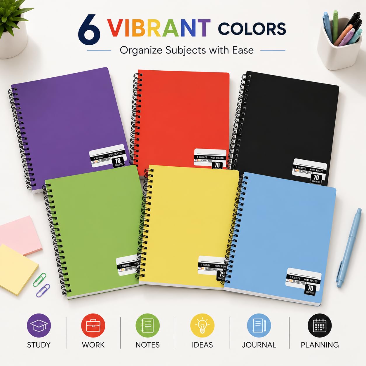 Quaderni a spirale Confezione da 36, 1 soggetto, quaderni a righe universitarie, 70 fogli, 26,7 x 19,1 cm, pagine di qualità, copertina resistente, quaderni per lavoro 6 colori