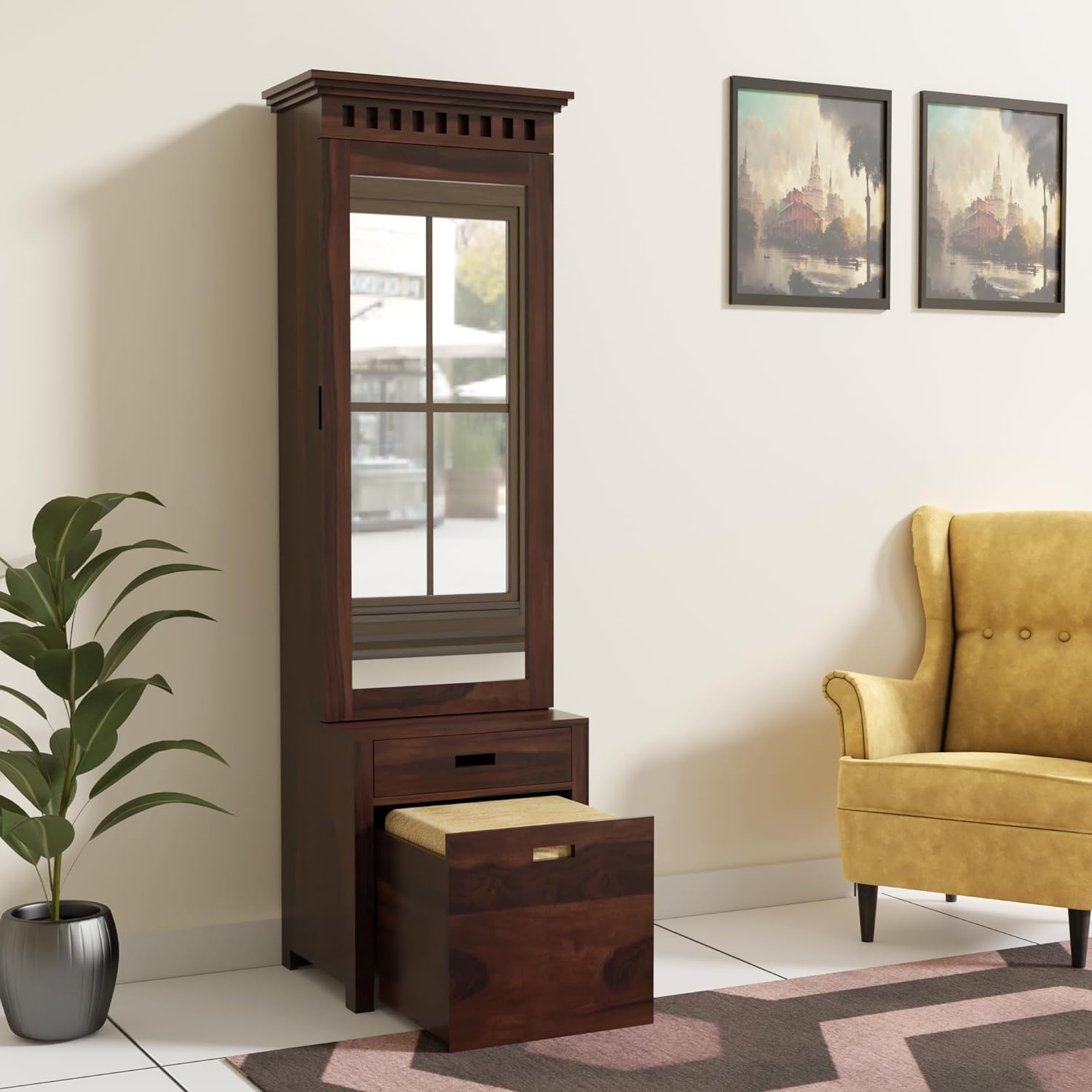 Craftswood Solid Wood Dressing Table with Mirror & Storage – Walnut Finish | Elegant Wooden Vanity Table with Organizer & Stool | Premium Bedroom Furniture for Makeup & Grooming-image-0