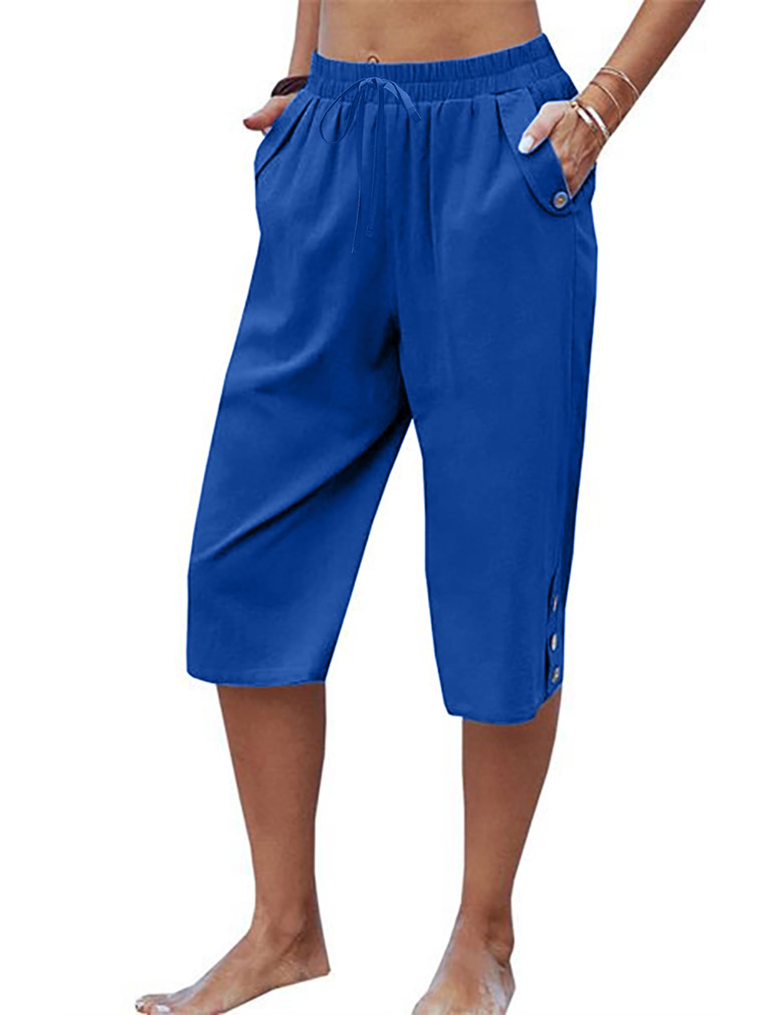 LARMLISS Womens Casual Capri Pants Elastic Waist Solid Color 3/4 Wide Leg Summer Trousers with Pockets