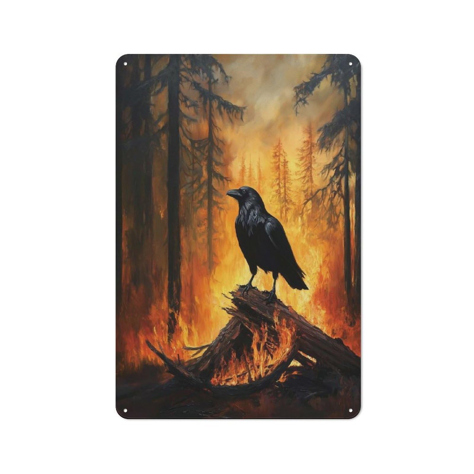 Junmoney Style-22 Raven In Fire Barn Style Metal Wall Decor 30X20cm, Country Metal Sign For Kitchen, Cottage, Porch Or Garden Room