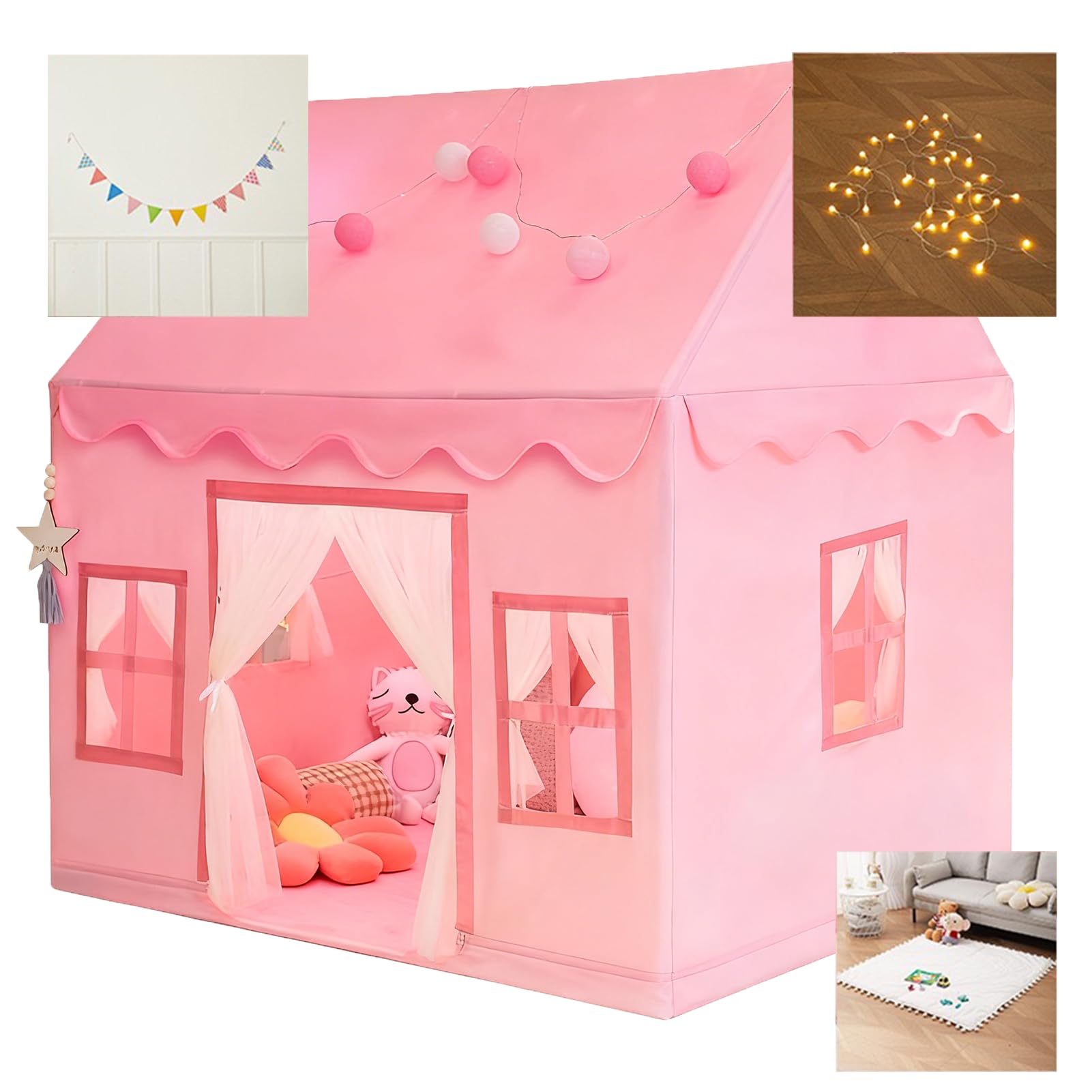 Large Kids Tent Playhouse,Kids Play Tent 2 in 1 with Padded Mat,Flags and Lights,Large Baby Playhouse with 1 Doors & 4 Windows,Portable Princess Tent for Children Indoor and Outdoor Games,Gift