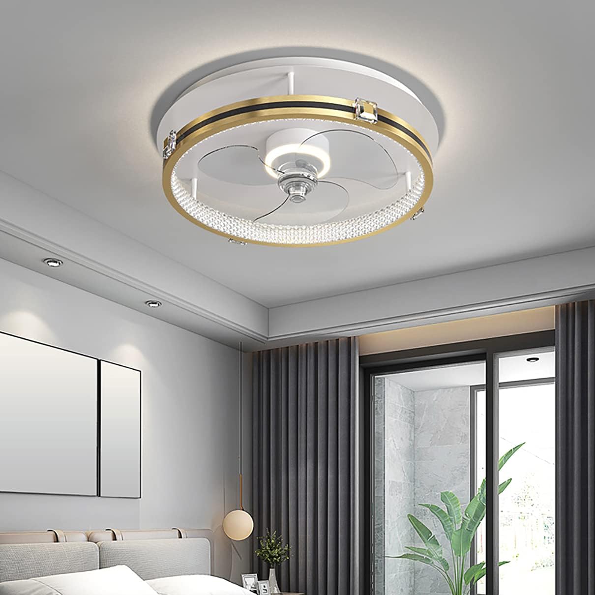 YUEGOO Led Crystal Fan with Ceiling Light,and Remote Control Silent 3 Speeds Bedroom Dimmable Fan Ceiling Light with Timer 30W Modern Living Room Ceiling Fan Light