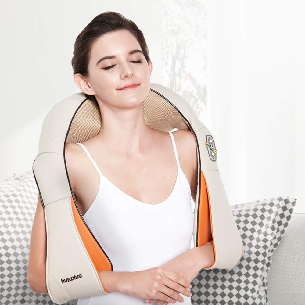 hueplus HPM-100 Shiatsu Neck & Shoulder Massager with Heat - 3D Tension Technology Pain Relief Treatment Best for Muscle Knots and Sore Muscles at Home Office Deep Kneading Soothing Therapy Portable
