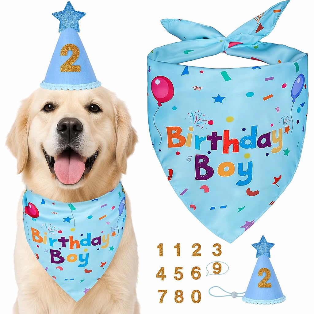 Dog Birthday Bandana Set 12 PCS Polyester Pet Party Hat Glitter (Blue)
