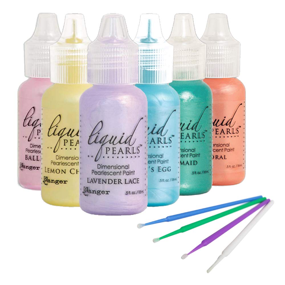 Purple Turtle Products Ranger Liquid Pearls Mermaid Bundle - Mermaid, Lemon Chiffon, Robin's Egg, Ballerina, Lavender Lace and Coral - with Trebbies Detail Sticks