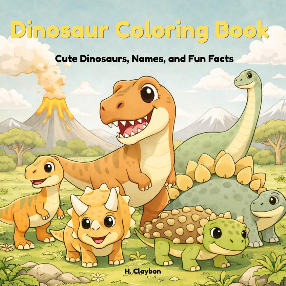 Dinosaur Coloring Book for Kids: Cute Dinosaurs, Names, Pronunciation, and Fun Facts | Prehistoric Coloring Pages for Ages 4–8