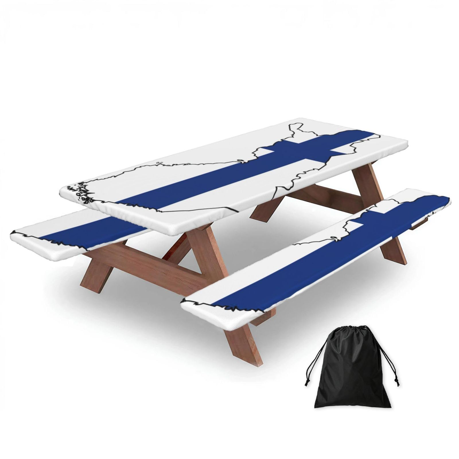 Zyjhyy Black Finnish Flag Map Print Party Table Covers With Bench Covers Set Of 3 Picnic Table Cloth Wipe Clean For Garden Camping