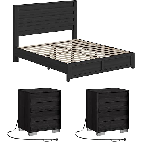 Albott 3 Piece Bedroom Set, Including Farmhouse Queen Size Bed Frame with Slatted Headboard, Nightstands Set of 2 with Charging Station for Bedroom, Black