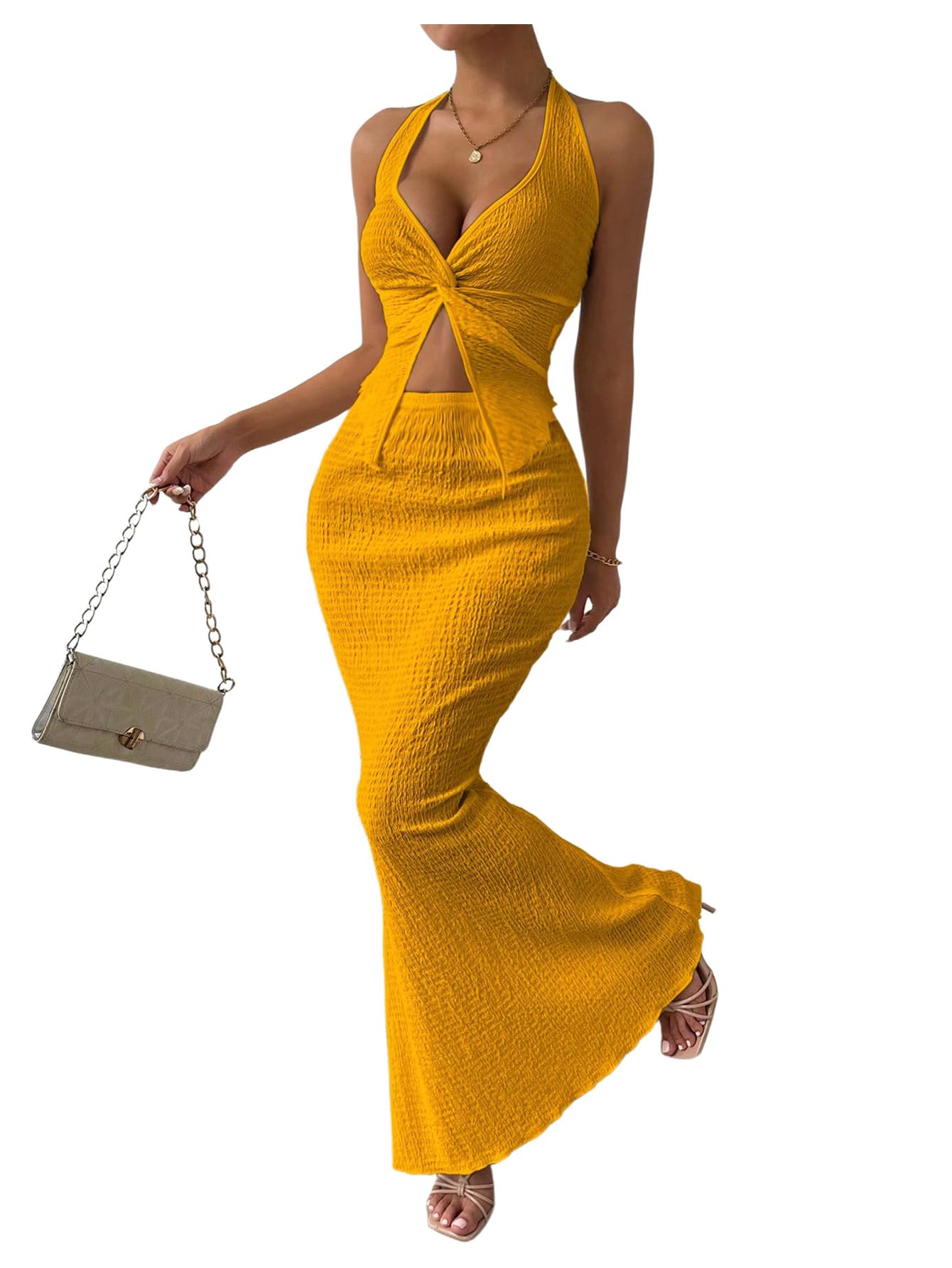 SOLY HUX Women's 2 Piece Outfit Twist Front Halter Cami Skirt Summer Set