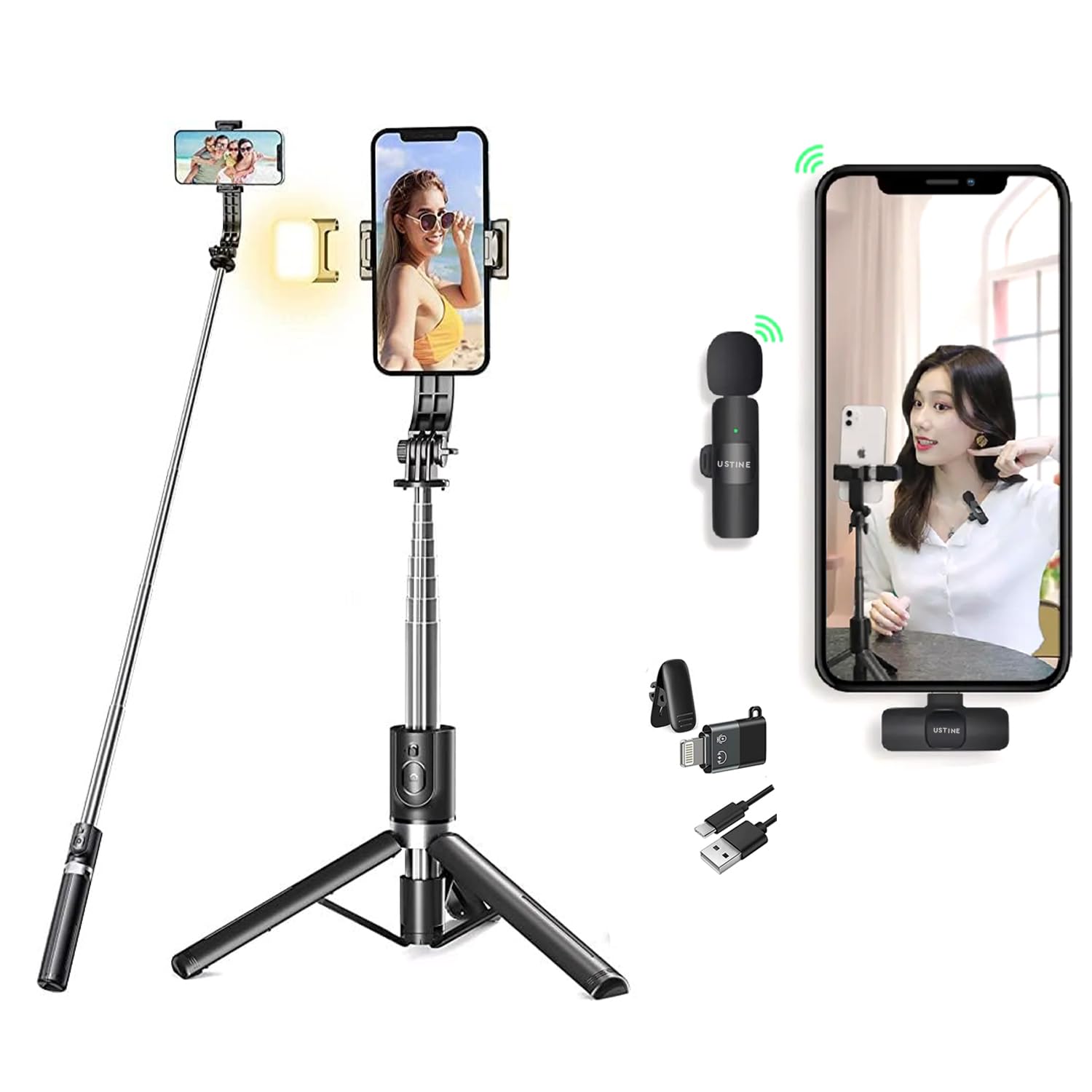 SnapX1s L Vlogging Kit with Fill Light & Wireless Mic | 3-in-1 170cm Extendable Selfie Stick Tripod with Bluetooth Remote + K8 Mic for YouTube, Reels & Vlogs (Android/iPhone)-image-46