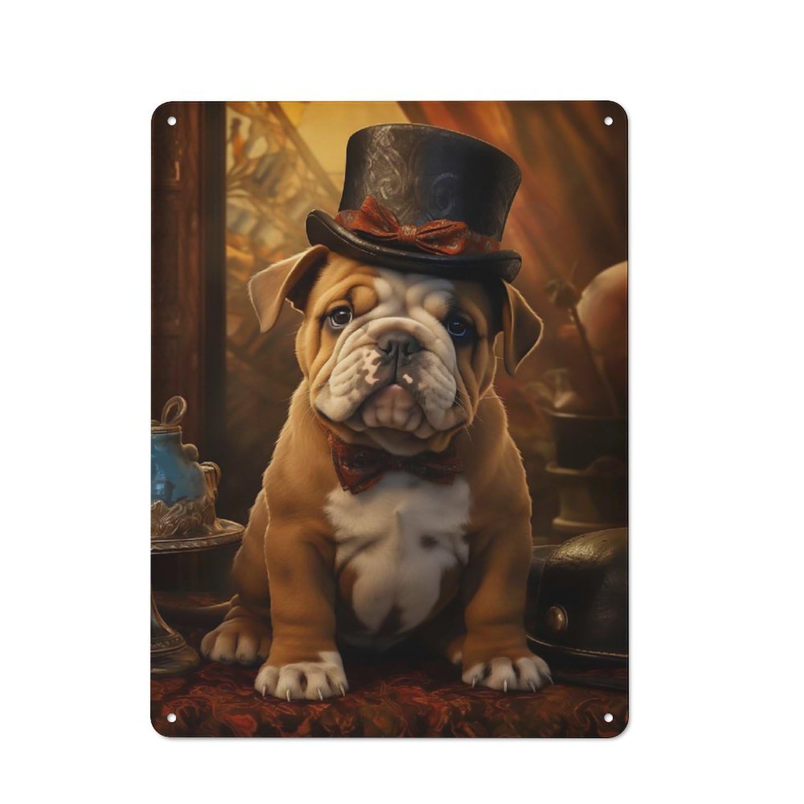 Junmoney Style-13 Bulldog Puppy In Top Hat Rustic Metal Sign 40X30cm For Garden Room Or Summerhouse, For Themed Interiors In Garden Rooms And Summerhouses