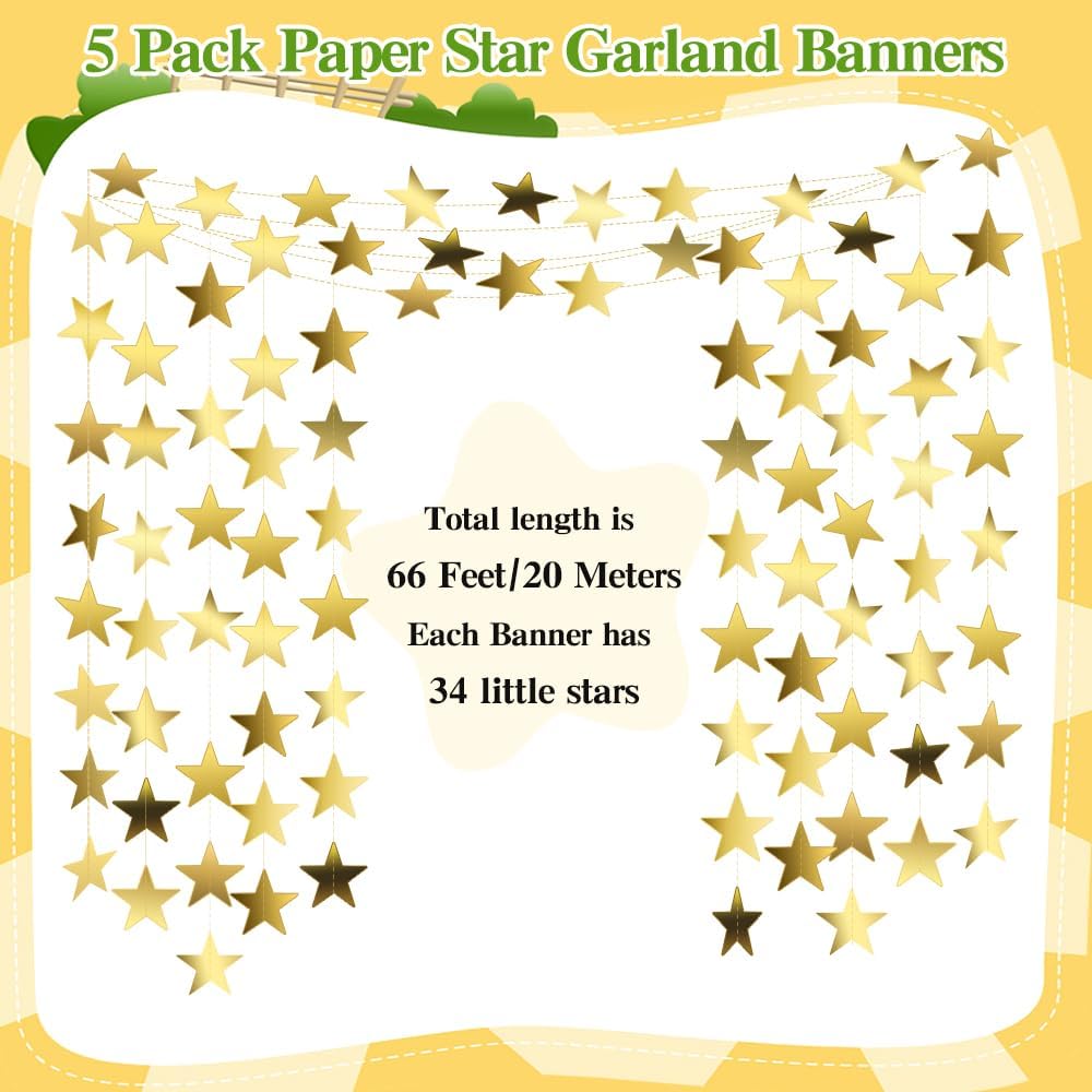 5Pcs 66 Feet Reflective Star Paper Garland,Gold Glitter Paper Star Garland, Jin/5pcs, jin/5pcs - Image 3