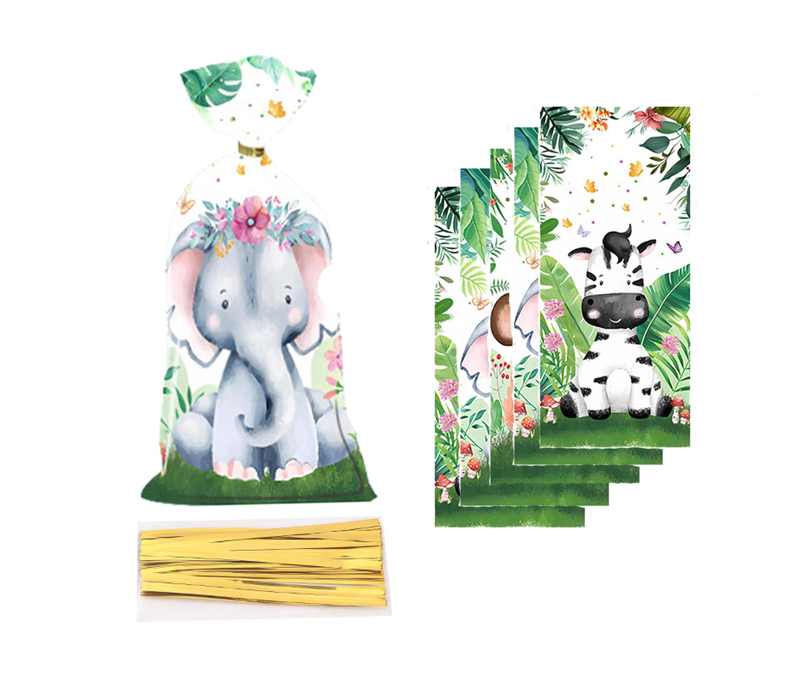 CSTYWC 50 Pcs Safari Animal Plastic Goody Treat Bags - Cellophane Gift Bags with Ribbons for Favors - Safari Jungle Theme Party Supplies for Birthday