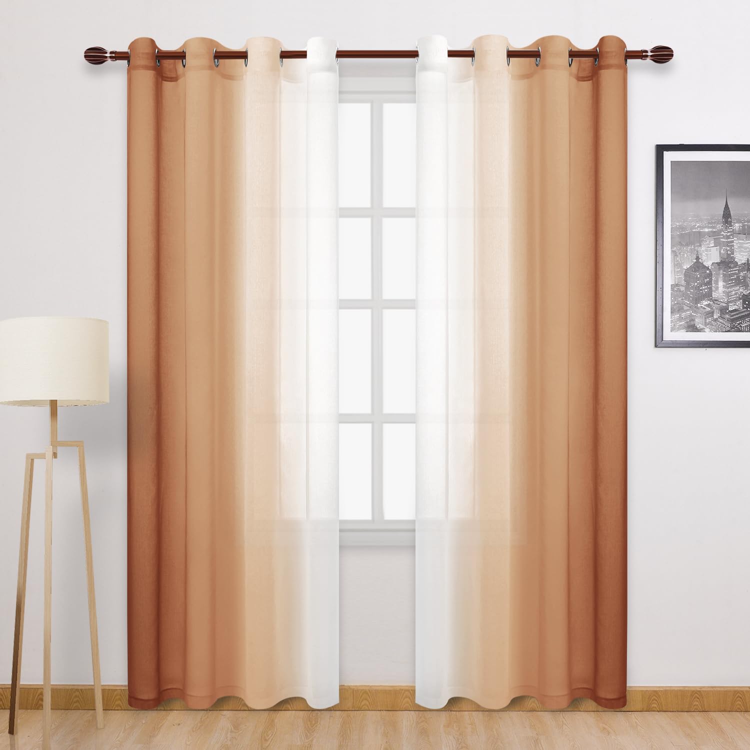 DWCN Faux Linen Ombre Sheer Curtains - 96 inches Long Gradient Semi Voile Curtains for Bedroom and Living Room, Set of 2 Grommet Top Window Curtain Panels, 52 x 96 Inches Long, Burnt Ochre โ image 1