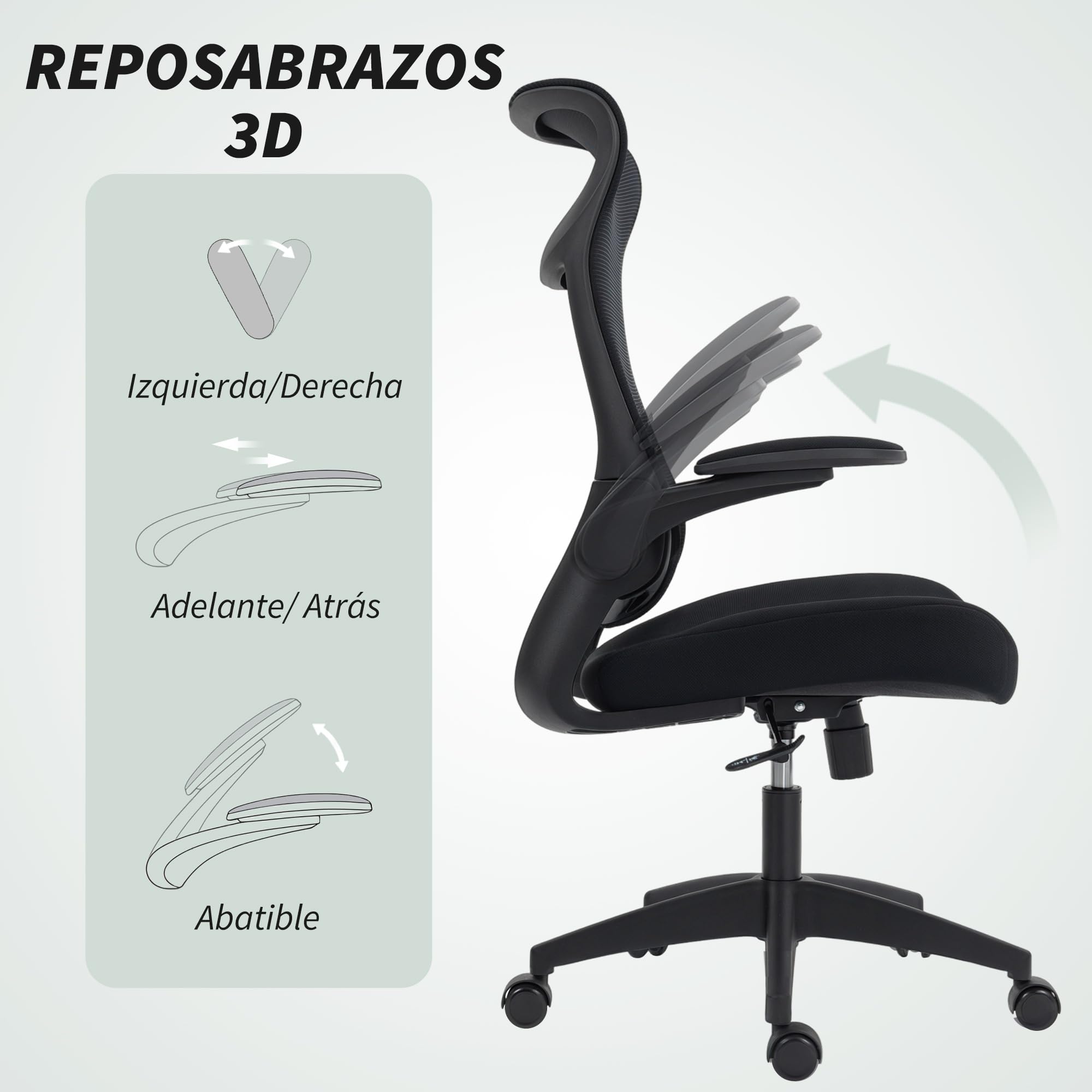 HOMCOM Silla de Oficina Ergonómica Giratoria con Soporte Lumbar Negro | Reposabrazos 3D Abatibles, Silla de Escritorio de Malla Transpirable, Reposacabezas Integrado, Basculante, Altura Ajustable