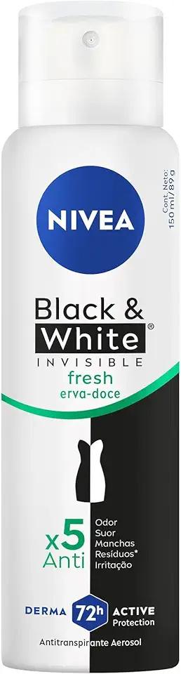 NIVEA Desodorante Antitranspirante Aerossol Invisible Black & White Fresh 150ml - Proteção prolongada de 48h, cuidado suave, ação antibacteriana, fórmula 5 em 1: anti-manchas, anti-odor