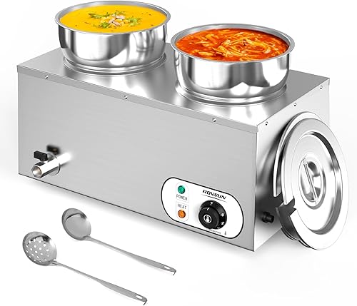 ROVSUN Calentador de sopa eléctrico, mesa de vapor comercial de 15 cuartos de galón, encimera Bain Marie con ollas dobles de 7.4 cuartos de galón,