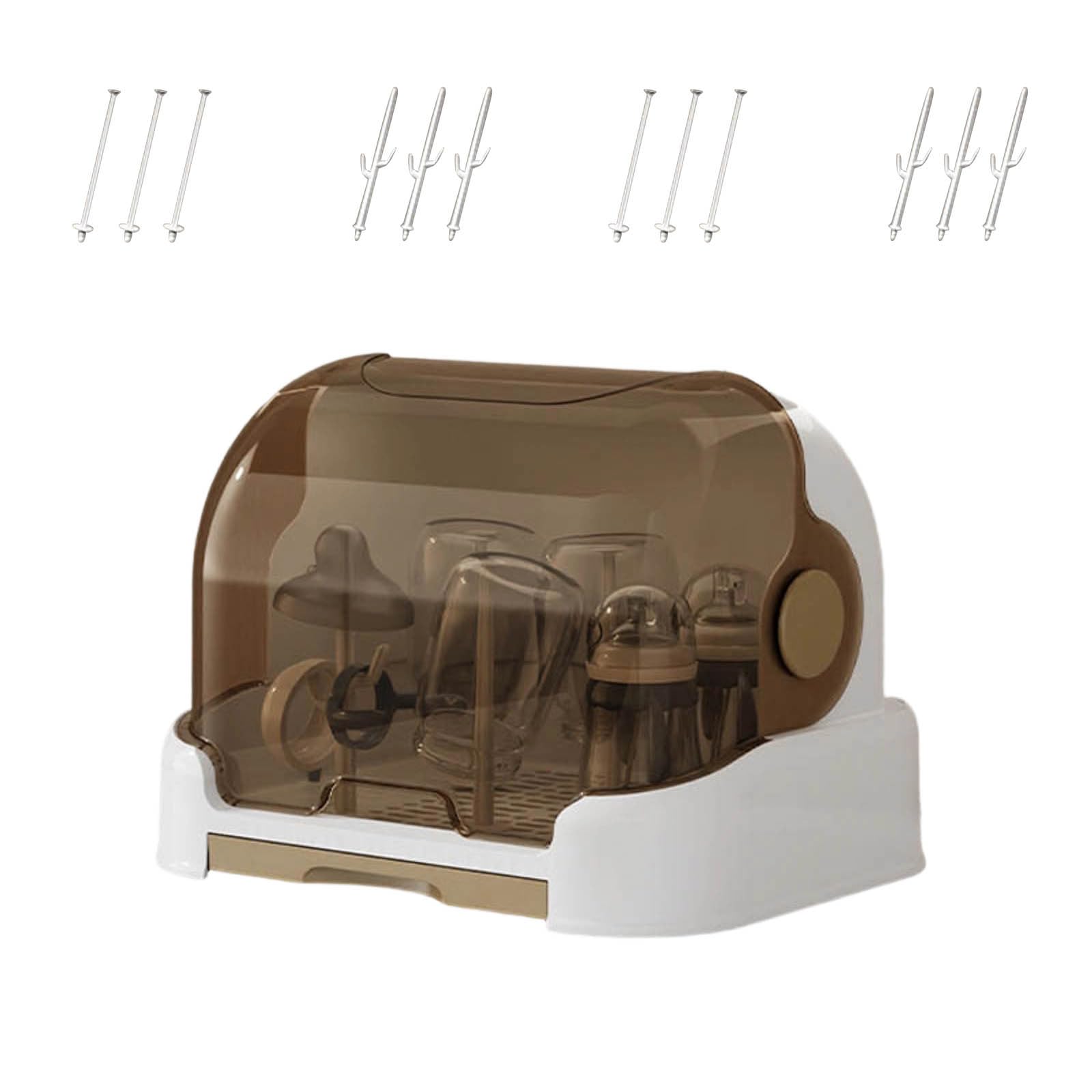 Large Baby Bottle Storage Box, Sterilised Bottle Storage, Dustproof Portable Infant Feeding Storage Boxs, Baby Bottle Drying Rack with Cover and Removable Drain Tray for Bottles, Teats (Brown, Large)