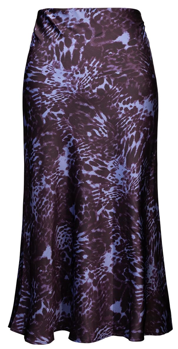 Women’s Leopard Print Skirt — Midi Long Length Silk Satin High Waist Elastic Skirt (Leopard Purple, XS)