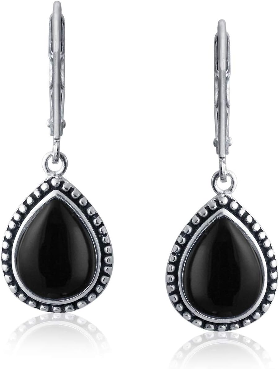 Boho Western Style Milgrain Setting Semi Precious Gemstones Lapis Turquoise Jade Onyx Quartz Pear Shaped Teardrop Lever Back Dangle Drop Earrings For Women Teen Oxidized .925 Sterling Silver