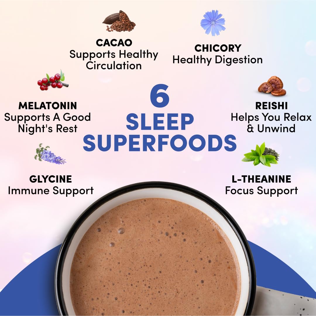 RYZE SUPERFOODS Mushroom Hot Cocoa Melatonin Sleep Supplement, Keto Cocoa Powder with Reishi Mushroom, Melatonin, Glycine, Cacao, L-Theanine, Chicory to Help Fall Asleep and Stay Asleep, 20 Servings - Image 4