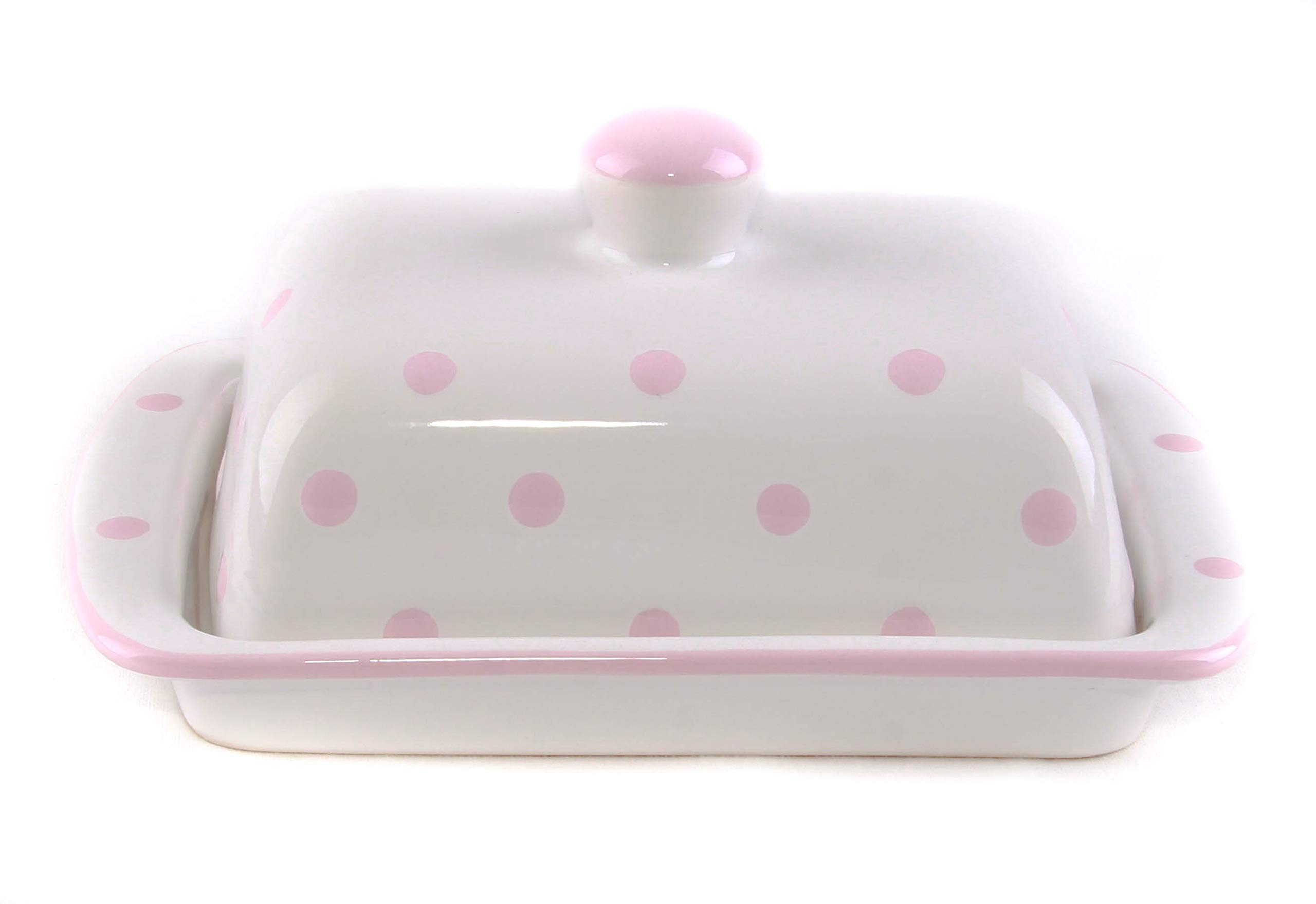 UNGARNIKAT White Ceramic Butter Beälter Hand Decorated Dots Large 250g Butter, Ceramic, pink, 250 Gr Butter