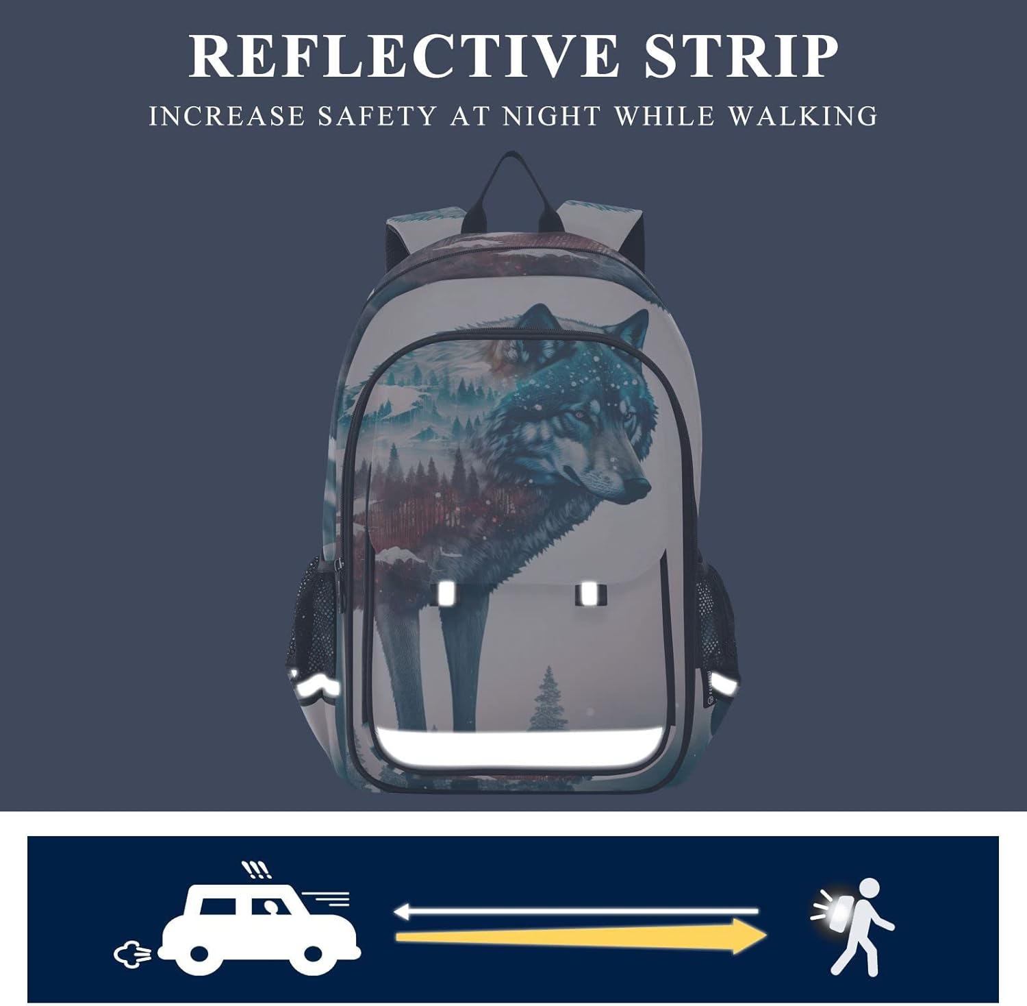 Vnurnrn Kids Backpack Art Forest Wolf Print Big Storage Multi Pockets 17.7 IN School Backpack with Chest Buckle Reflective Strip for Boys Girls 6+ years in Primary Middle High School