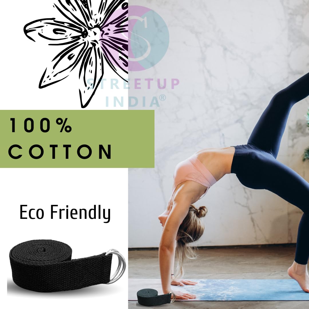 Streetup India® Yoga Belt/Strap 6 Feet For Stretching, Yoga, Pilates, Physical Therapy, Fitness| Pure Cotton (Black) 2