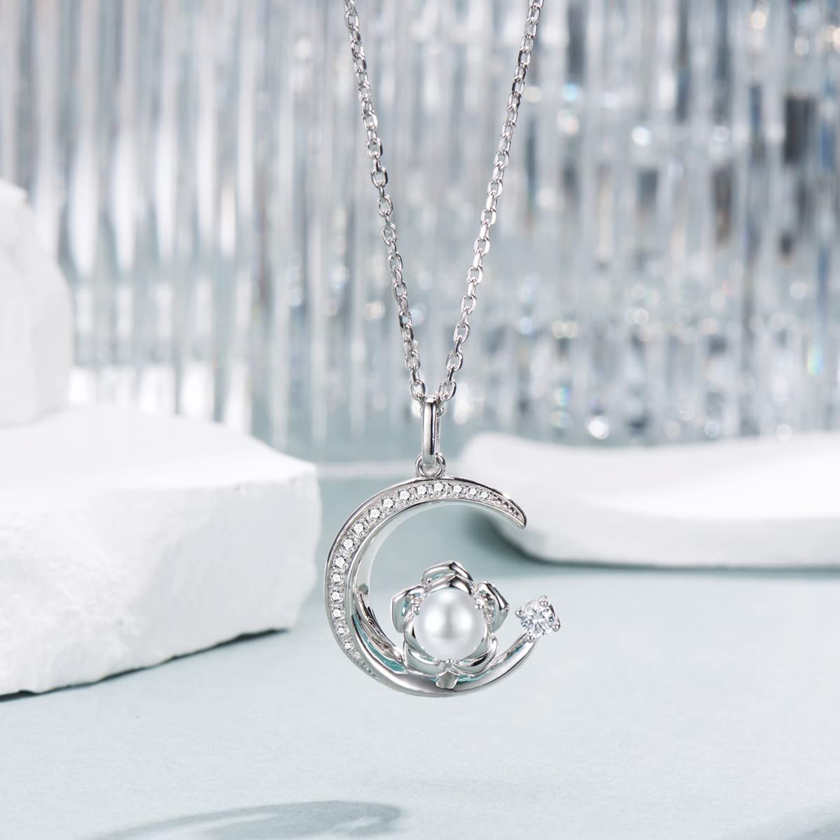 925 Sterling Silber Mai Geburtsstein Erstellt Smaragd Halskette Rose & Mond Anhänger Lila Edelstein Geburtstag Jahrestag Schmuck Geschenke für Frauen Mädchen Mutter Tochter, verstellbare Kette