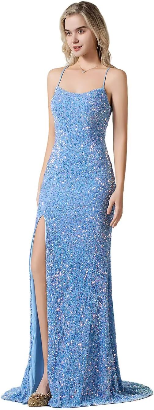 Mermaid Sequin Long Prom Dresses 2025 Sparkly Spaghetti Strap Formal Party Gowns Evening Dress with Slit