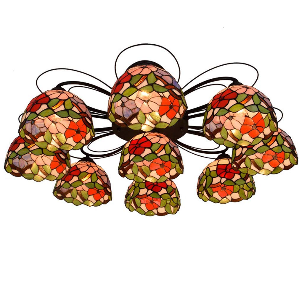 YNIYUJKL Red Morning Glory Ceiling Lamp Stained Glass 9-Heads Ceiling Lights Tiffany-Style Decoration Chandeliers E27 Used For Living Room Dining Room Bedroom