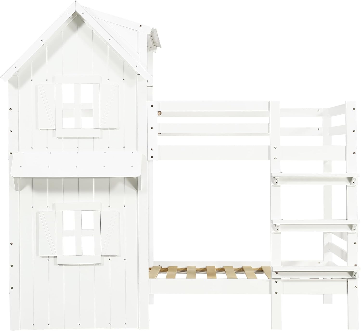 Close-up of ModernLuxe Children's Loft Bed features including ladder, slatted base, and safety rails