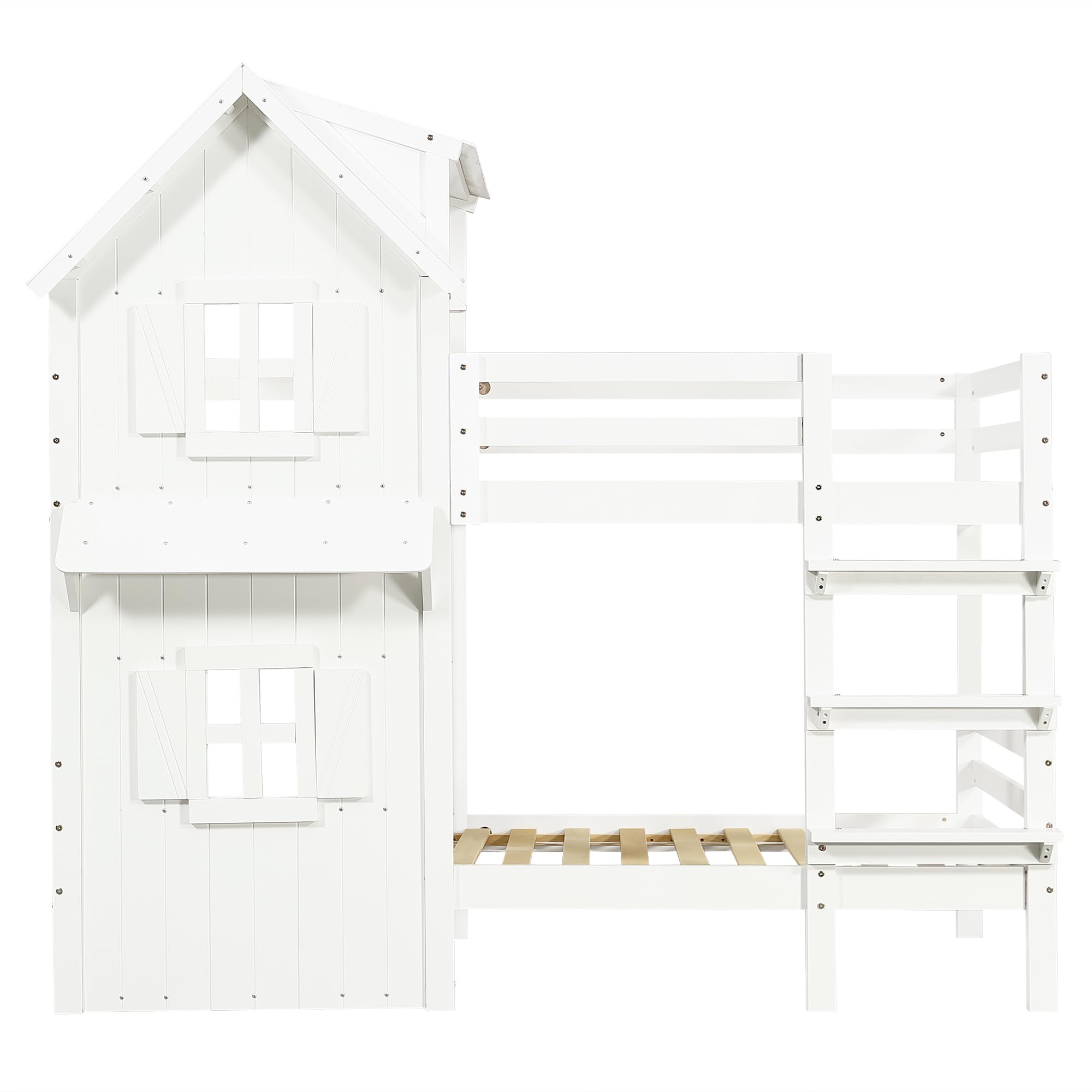 REXO Litera de 90 x 200 cm, cuna, hermosas ventanas y techo, barandillas de seguridad laterales, escalera recta de tres niveles, somieres de listones estables, pino + MDF + madera contrachapada, color