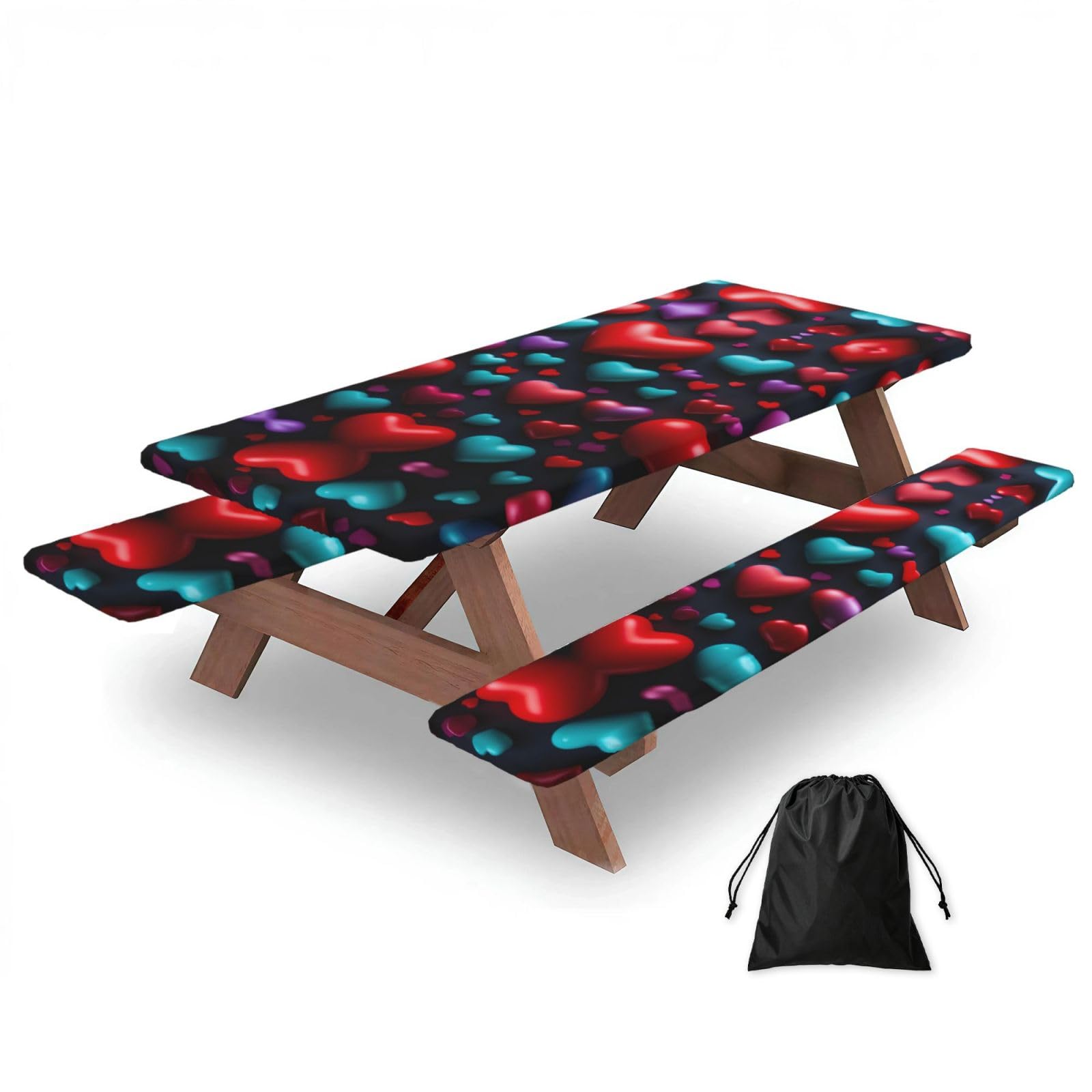 Romantic Red Heart Print 3 Pack Wipeable Picnic Bench Cover And Table Cover Lightweight Table Cloth For Camping Outdoor