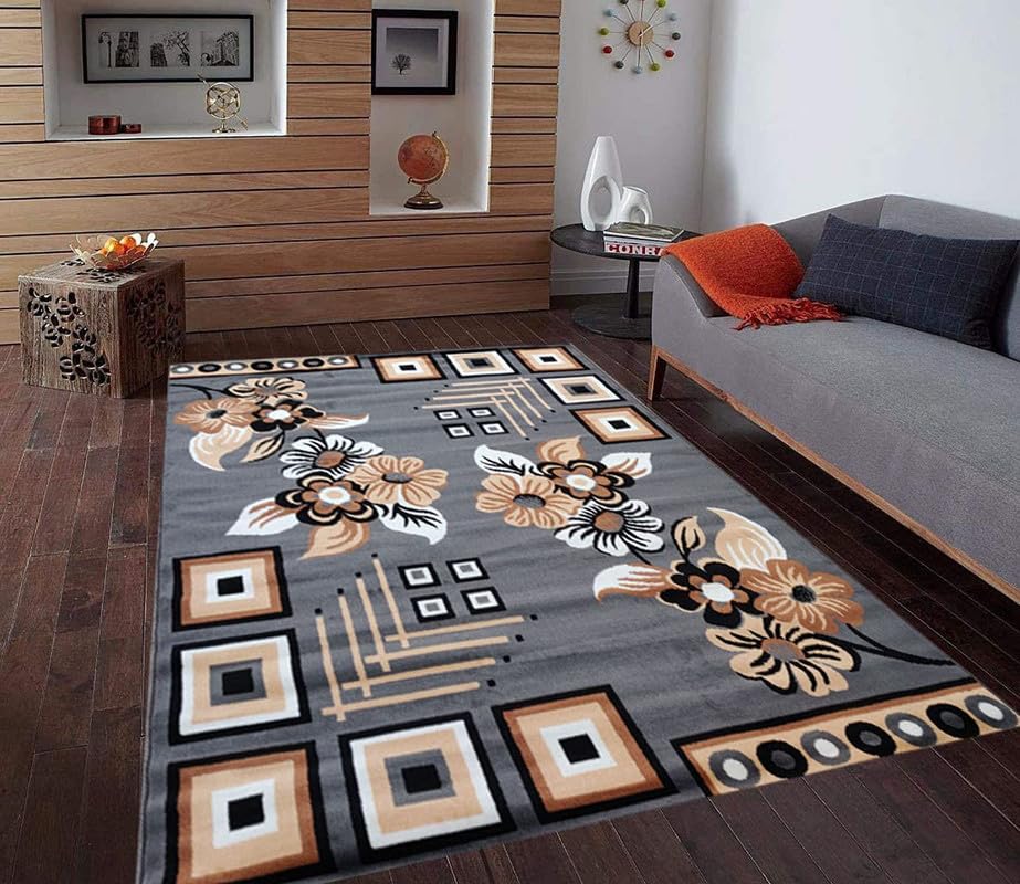 Image of Floral Design Acrylic Polyester Carpet for Living Room 6x8 Feet Color Grey(180x240Cm), Large Rectangle