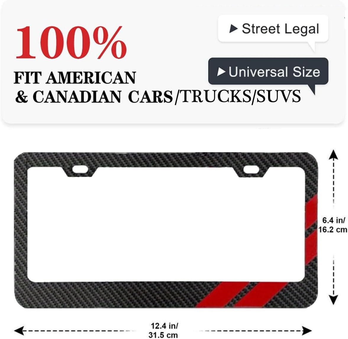 2Pcs Carbon Fiber Red Strips License Plate Frames for Dodge Challenger Charger, 12.2x6.4inch Universal Fit License Plate Holder for Dodge Vehicles,Anti-Theft Screws and Caps Included
