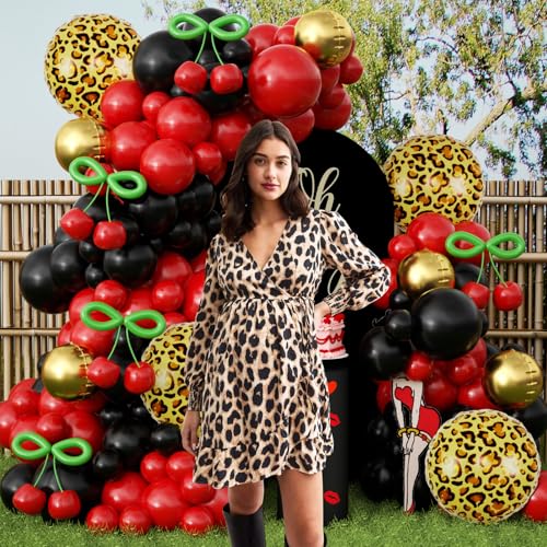 Image of JOGAMS 184Pcs Betty Party Decorations,Red and Black Party Decorations with 4D Gold Cheetah Foil Green Long Balloons for Bachelorette Birthday Baby Shower Vintage Retro Party