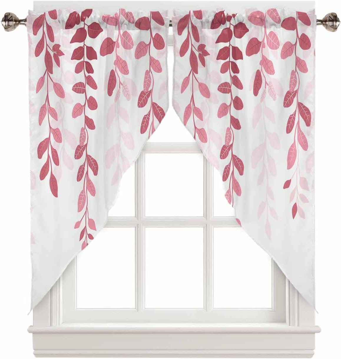 Leaf Swag Curtains, Privacy Sheer Curtains Window Treatment Valances Light Filtering Voile Panels for Bedroom/Kitchen/Farmhouse 2 Pcs, Farmhouse Plants Leaves Pink Gradient Watercolor