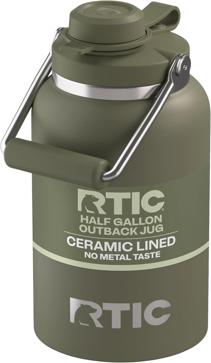 RTIC Half Gallon Outback Jug, Stainless Steel, Ceramic Lined Insulated Water Bottle with Lid and Handle, BPA-Free, Double Wall Vacuum Insulation, Olive