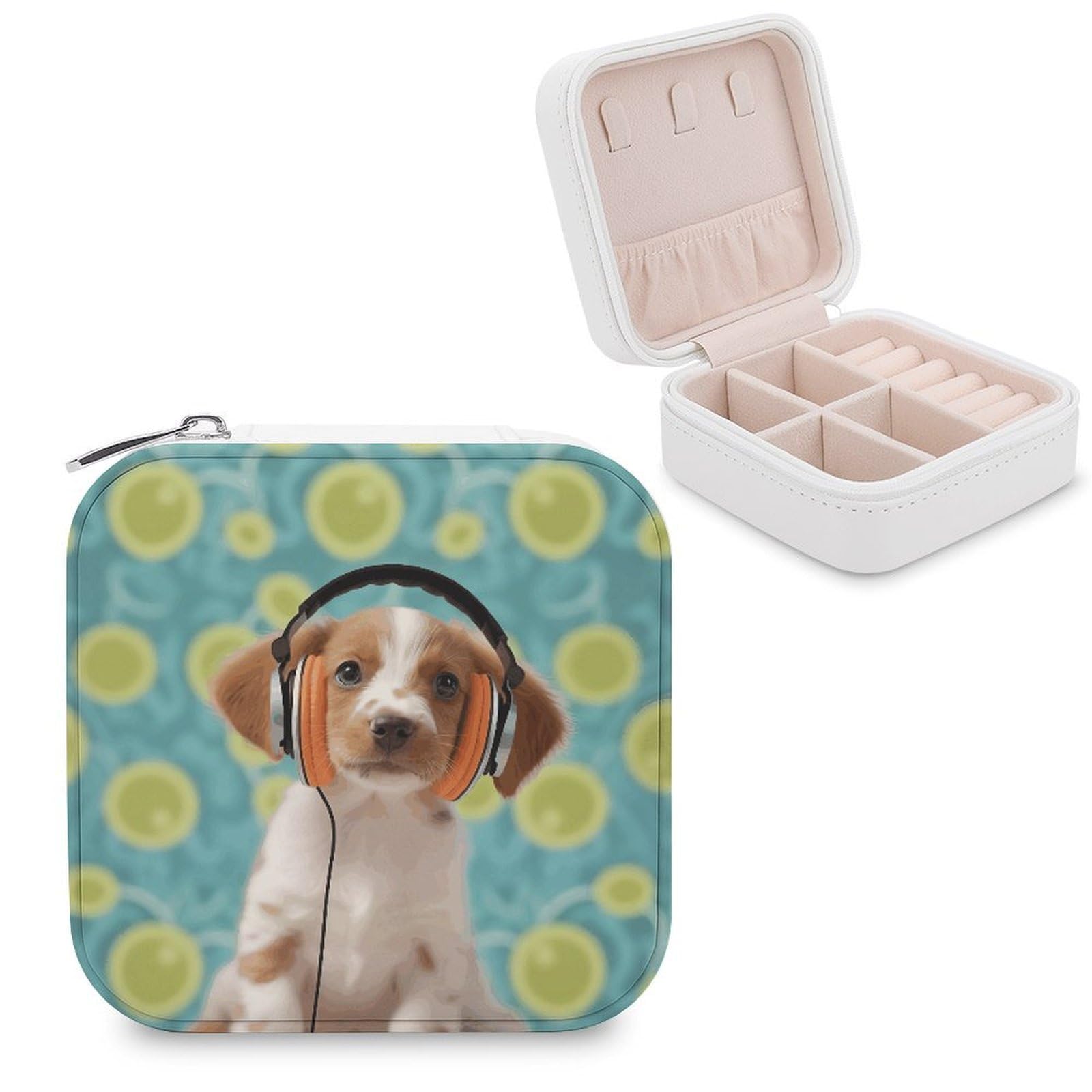 JTREHY Travel Puppy with Headphones Jewelry Case Portable Display Storage Box PU Leather Mini Jewelry Travel Case Personalized Travel Jewelry Organizer Small Jewelry Box for Women