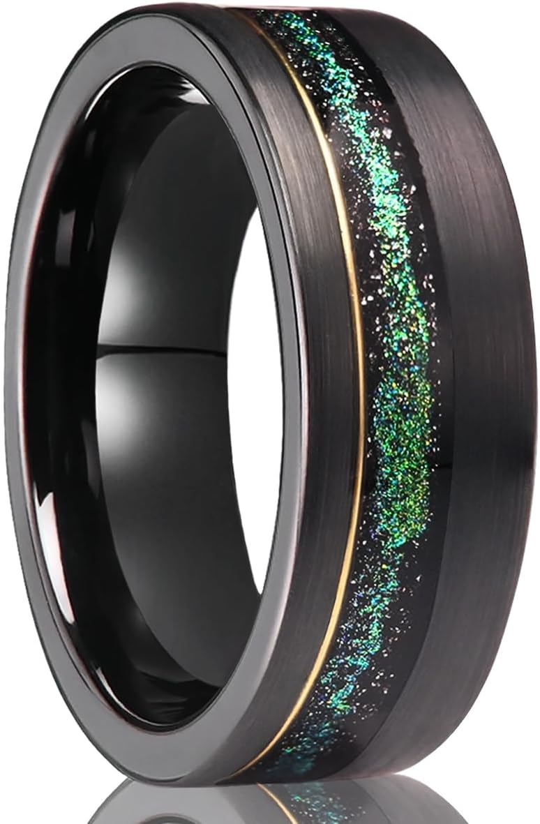 Tungsten Carbide Rings for Men and Women 8mm Black with Green Sandstone Inlay Men's Wedding Bands Matte Brushed