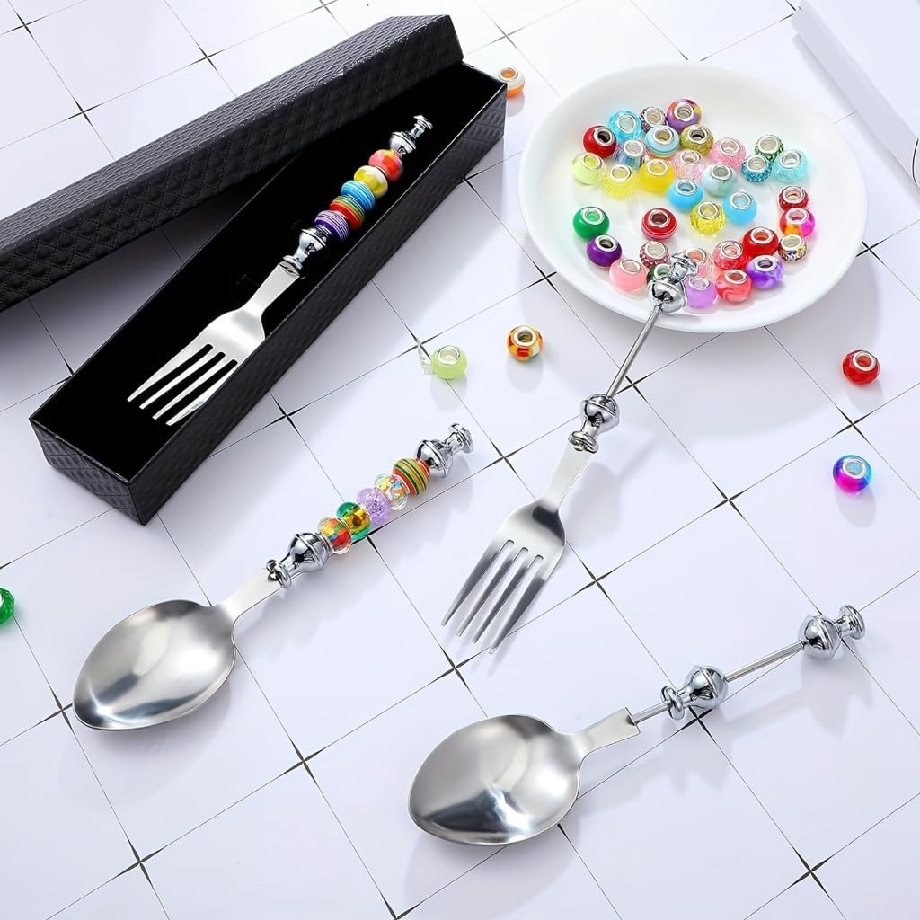 4Pcs Customizable Stainless Steel Spoons and Forks Set with 28 Plastic Beads Beadable Tableware Beaded Cutlery Kits