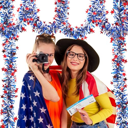 Image of 33FT 4th of July Patriotic Tinsel Garland Red White Blue Metallic Twist Foil Tinsel Garland with Star Shiny Hanging Decorations for Independence Day Memorial Day Celebration Party Decoration