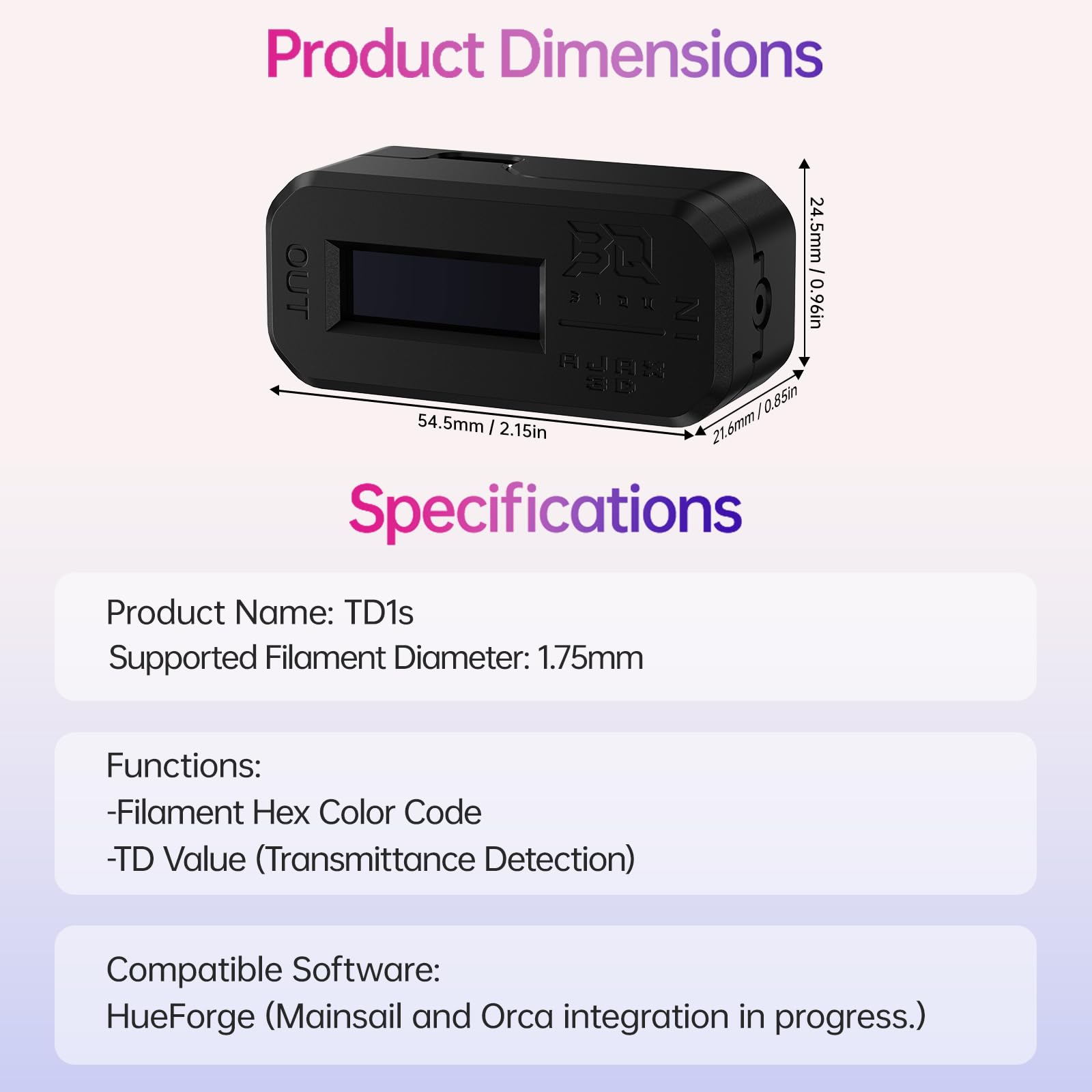 BIQU AJAX TD1S tester filamentu, kompatybilny z Bambu-Lab do drukowania wielokolorowego, obliczania odległości transmisji i kodu hex kolorów, integracja HueForge, Plug and Play, wyświetlacz OLED w