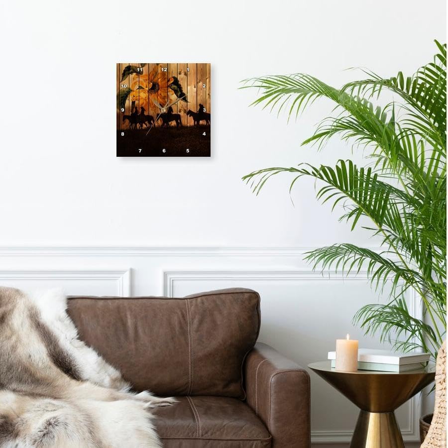 Miniatura 2 de 3D Rose 3dRose - Siluetas de vaquera occidental contra madera de granero con un girasol y prado vintage, reloj de pared, 10 pulgadas (DPP_150190_1)