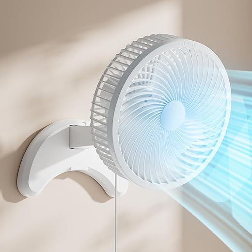 Koonie 8'' Wall Mount Fan, Quiet Small Wall Fan with Timer, 8.2ft Wired Remote, 80° Oscillation, 100° Adjustable, 3 Speeds High Velocity for RV Bedroom Kitchen Office Garage, White